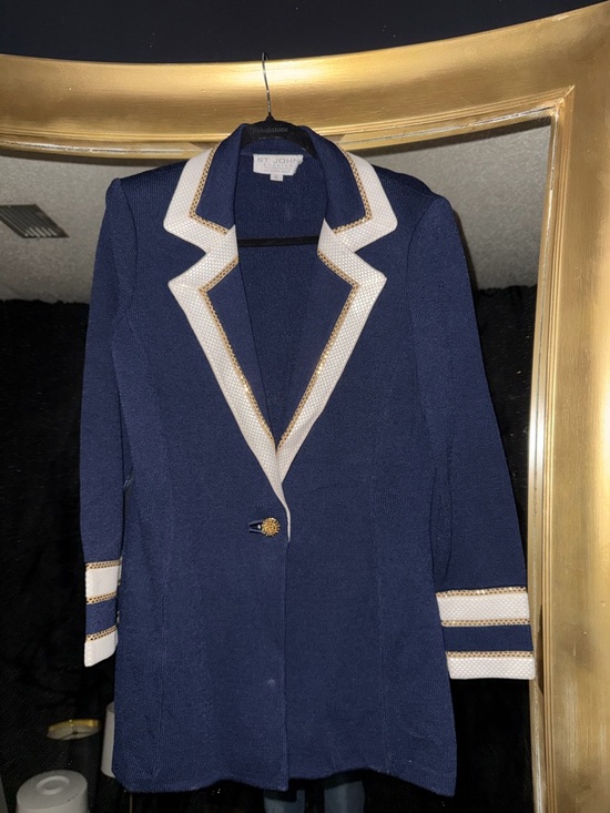 St. John Jackets & Blazers - St John classic Navy Knit Cardigan with Gold Glitter beaded